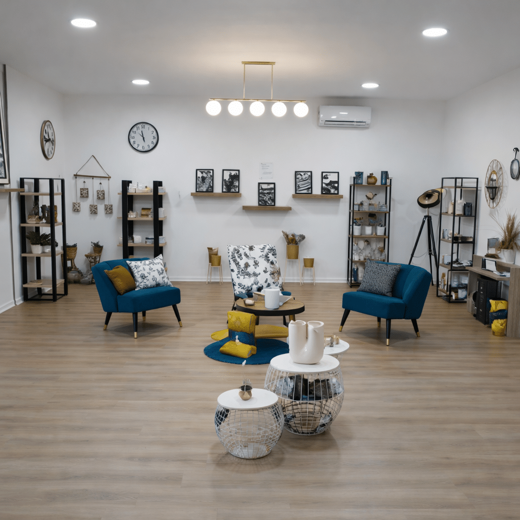 Showroom de décoration: Design moderne, fauteuils bleus et étagères Showroom de décoration moderne et lumineux. Deux fauteuils bleus velours entourent des tables basses design. Étagères murales remplies d'articles.